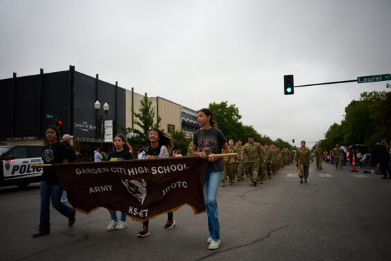 Kansas High School JROTC marching in support of armed forces.